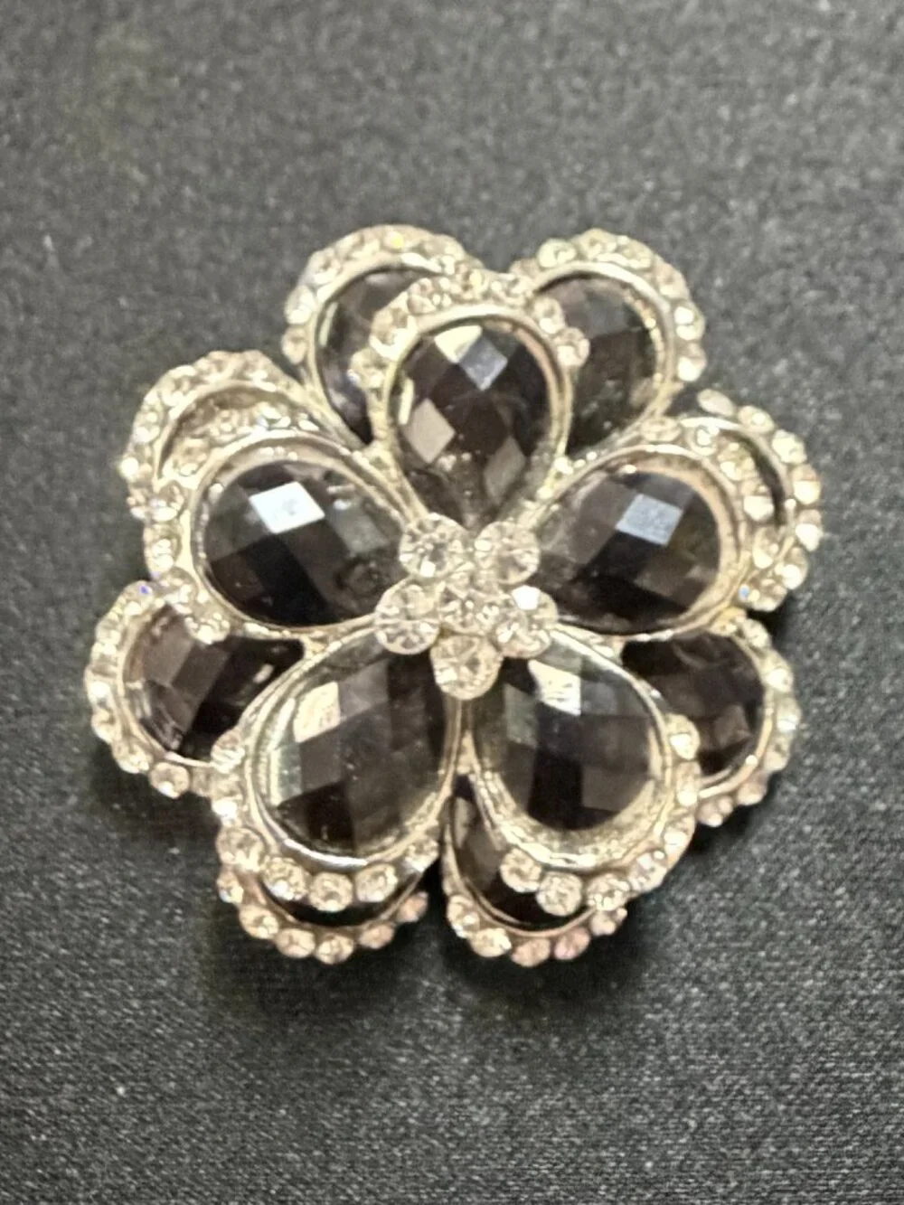 Crystal Splendor Black&White Crystal Floral Brooch Platinum Over Sterling Silver